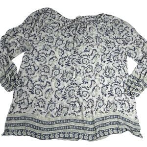 Lucky Brand Boho Paisley Peasant Blouse Top 1X Blue Ivory Long Sleeve Excellent
